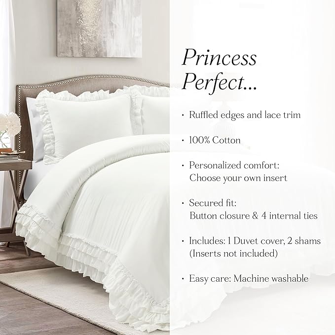 Lush Decor Ella Ruffle Lace 100% Cotton Duvet Cover, 3 Piece Set, King, White - Cute Duvet - King Bedding Set - Gray Bedding - Coquette Decor - Ruffle Trim - White Lace Trim