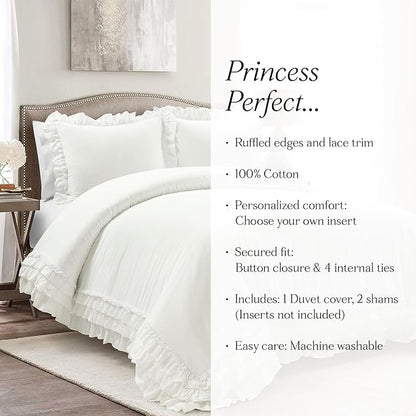 Lush Decor Ella Ruffle Lace 100% Cotton Duvet Cover, 3 Piece Set, King, White - Cute Duvet - King Bedding Set - Gray Bedding - Coquette Decor - Ruffle Trim - White Lace Trim