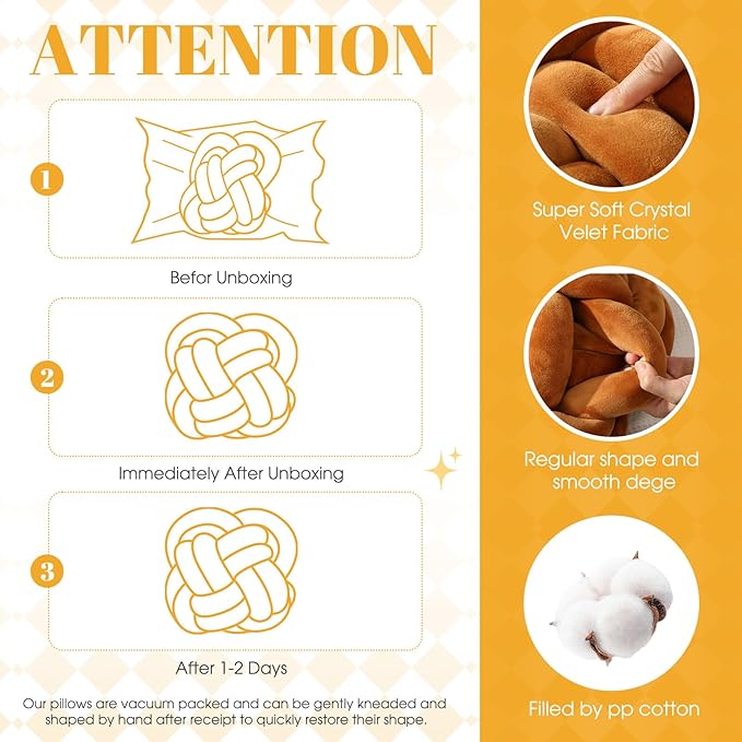 2 Pcs Knot Pillow Balls Set, 12 Inch Soft Decorative Throw Knot Pillow Ball, Large Square Knotted Floor Cushion for Living Room Bedroom Sofa Couch Bed Home Decoration (Caramel Brown, Turmeric)