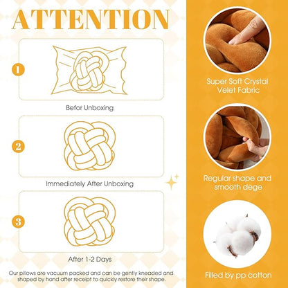 2 Pcs Knot Pillow Balls Set, 12 Inch Soft Decorative Throw Knot Pillow Ball, Large Square Knotted Floor Cushion for Living Room Bedroom Sofa Couch Bed Home Decoration (Caramel Brown, Turmeric)