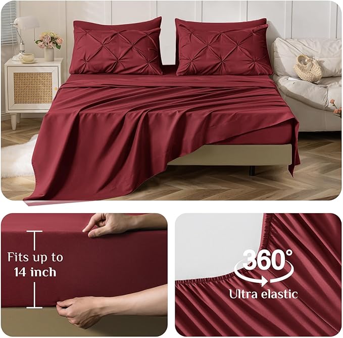 JOLLYVOGUE King Size Comforter Set 7 Pieces - Bed in a Bag King for All Season, Pintuck Bedding Comforter Sets with Comforter, Flat Sheet, Fitted Sheet and Pillowcases & Shams, Burgundy