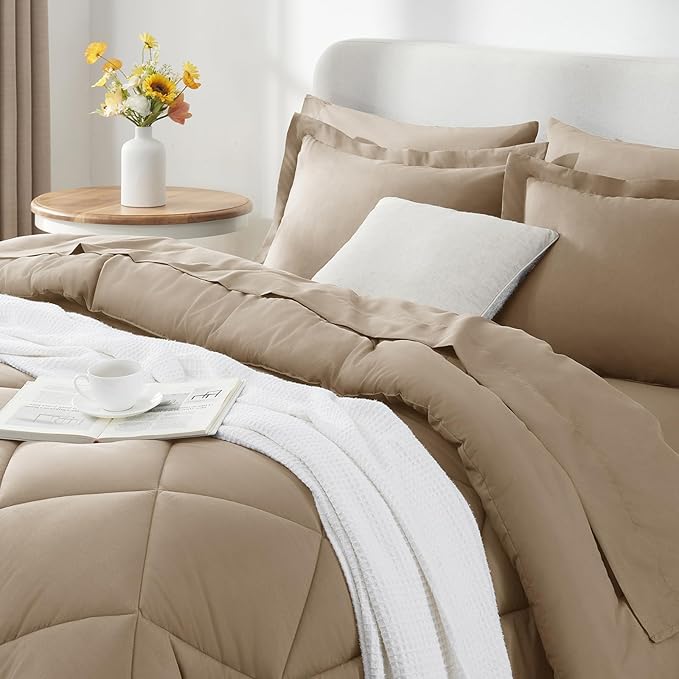 CozyLux Queen Comforter Set Taupe - Bed in a Bag Queen Size 7 Pieces, Luxury Soft Bed Set for All Seasons, Bedding Set with Down Alternative Comforter, Sheets, Pillowcases & Shams