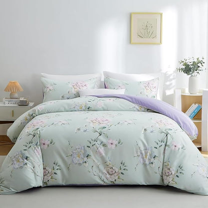 BOLINLIVING Floral King Comforter Set 3 Pieces, Soft Breathable Bed in a Bag King Size, Green and Purple Floral Bedding Set for All Season, 1 Comforter & 2 Pillowcases