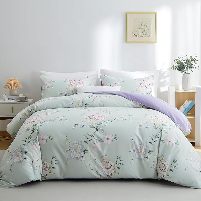 BOLINLIVING Floral Queen Comforter Set 3 Pieces, Soft Breathable Bed in a Bag Queen Size, Green and Purple Floral Bedding Set for All Season, 1 Comforter & 2 Pillowcases