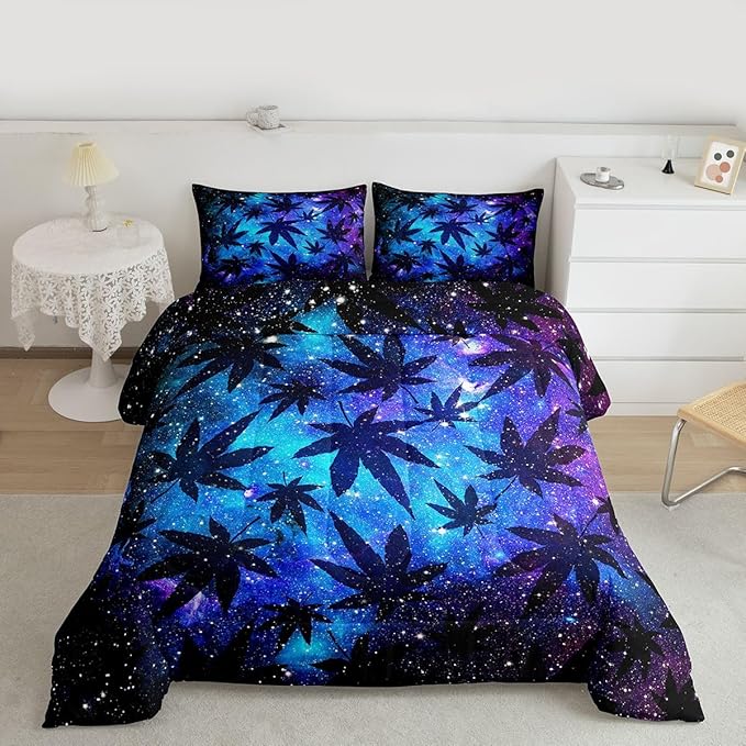 Erosebridal Leaves Comforter Set Teens Galaxy Bedding Set King for Women Men Youth Leaves Duvet Set Soft Chic Purple Blue Duvet Set Room Decor Quilt Set