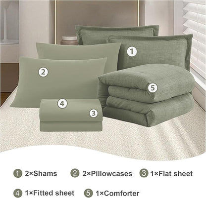 Geniospin King Size Comforter Set- 7 Piece Sage Green Textured King Bedding Set, Soft Solid Bed in a Bag for All Season, King Comforter Set with Sheets(Sage Green,102''x90'')