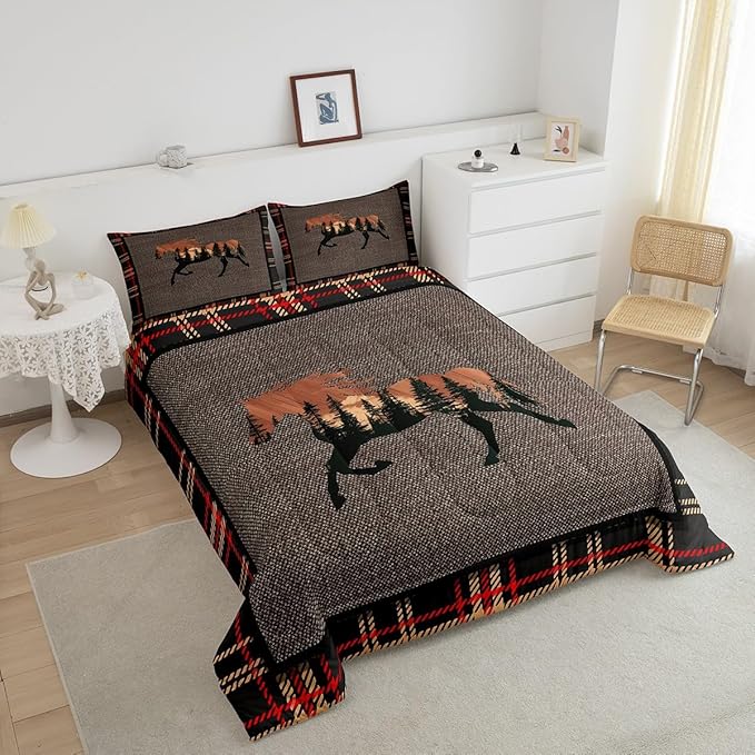 Erosebridal Horse Comforter Set,Rustic Western Cowboy Bedding Set for Teens Kids Adult,Farmhouse Nature Wildlife Bedding Western Room Decor,Plaid Down Comforter,Orange Grey Duvet Set,King