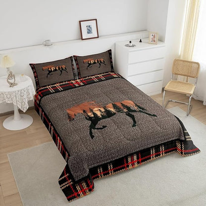 Erosebridal Horse Comforter Set,Rustic Western Cowboy Bedding Set for Teens Kids Adult,Farmhouse Nature Wildlife Bedding Western Room Decor,Plaid Down Comforter,Orange Grey Duvet Set,Queen