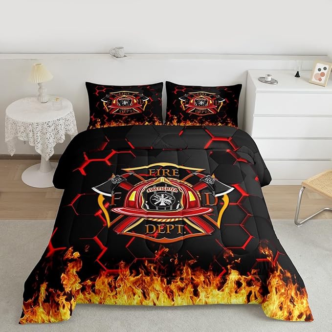 Fire Fighting Kids Comforter Set Queen Size,Fire Fighting Truck Tool Flame Bedding Set,Boys Girls Adults Room Decor,Geometric Honeycomb Hexagon Down Comforter,Red Black Duvet Insert,2 Pillowcases