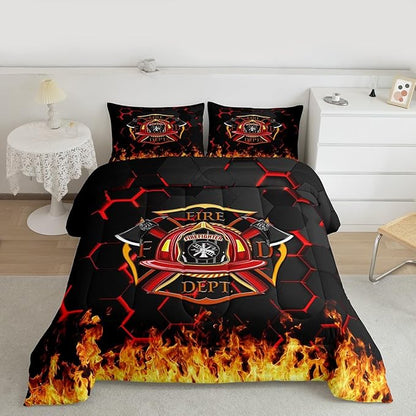 Fire Fighting Kids Comforter Set King Size,Fire Fighting Truck Tool Flame Bedding Set,Boys Girls Adults Room Decor,Geometric Honeycomb Hexagon Down Comforter,Red Black Duvet Insert,2 Pillowcases