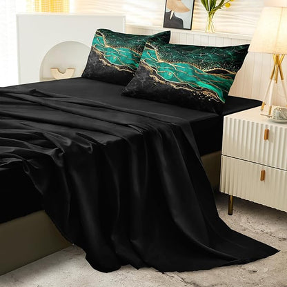 Emerald Green Comforter Set - Twin Size Bed in a Bag - 6 Pieces - Black and Gold Marble Bedding Comforter with Gold Metallic Glitter Marble River Texture