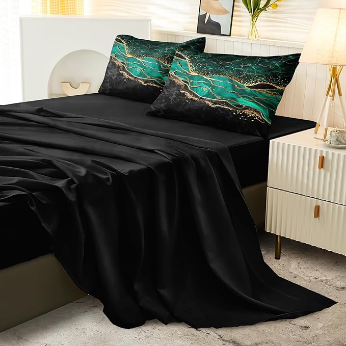 Emerald Green Comforter Set King Black Gold Marble Bed in a Bag 8 Pieces Bedding Set with 1 Green Black Marble Comforter, 1 Flat Sheet, 1Fitted Sheet, 4 Pillowcases, 1 Cushion Cover