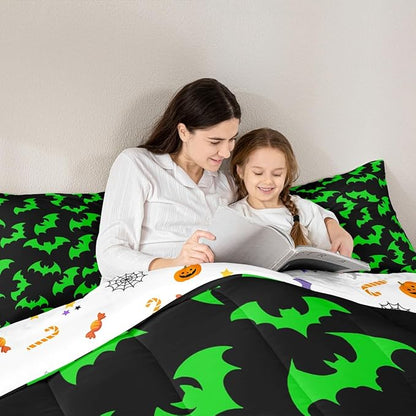 Erosebridal Green Bat Bedding Set Full Size Halloween Bat Comforter Set Spooky Goth Gothic Animal Bed Sets Horror Halloween Duvet Quilt Sets for Kids Teens Adults