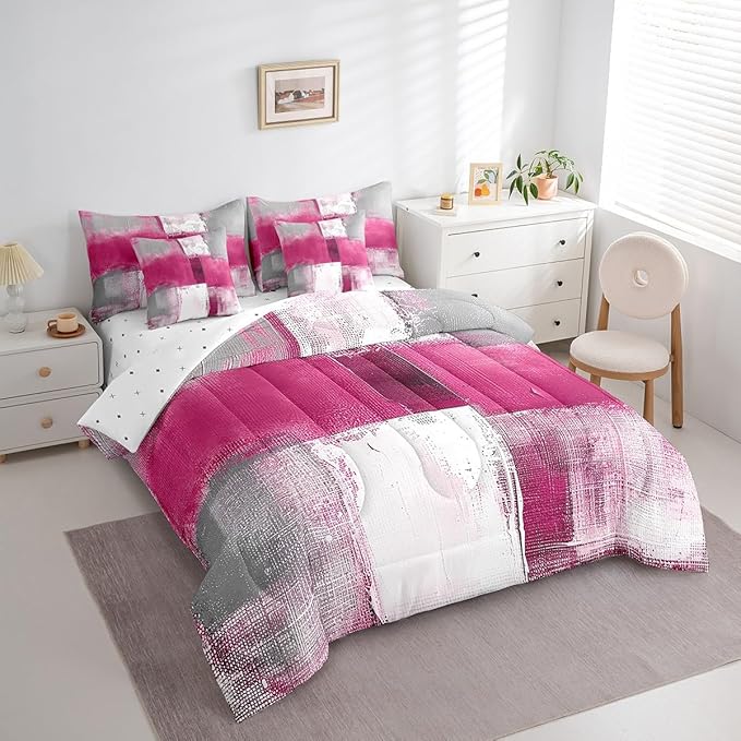 Erosebridal Pink White Grey Bedding Full Size 7pcs Oil Painting Comforter Set, Tie Dye Bed in a Bag Ombre Bedding Comforter Sets with Flat Sheet, Fitted Sheet, Pillowcases, Throw Pillow Covers