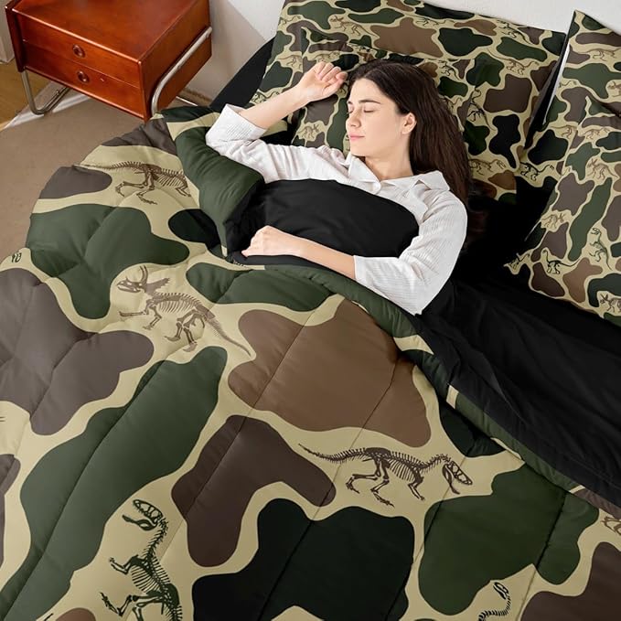 Erosebridal Dino Camouflage 7 Piece Bedding Set Queen Dark Green Camo Comforter Set with Sheets Dinosaur Skeleton Bed in a Bag Vintage Skeleton Rustic Bed Sets Comforter