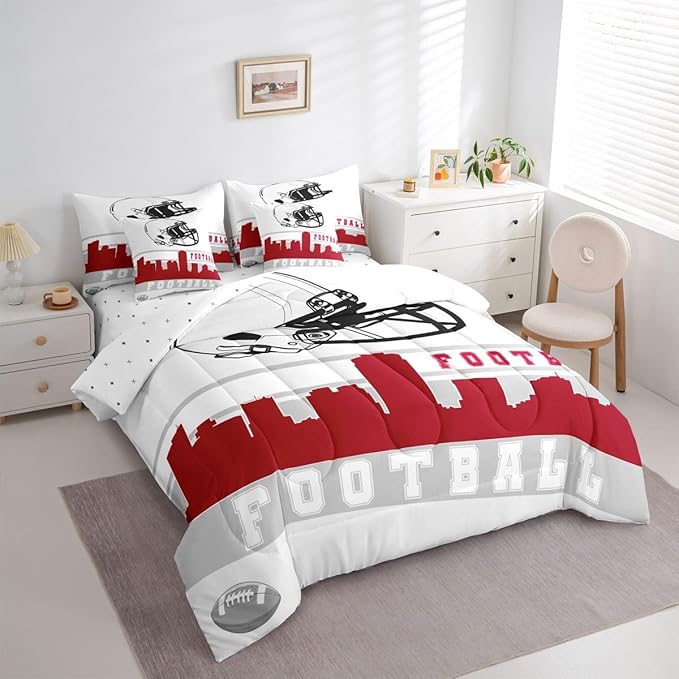 Erosebridal Football 7 Pcs Comforter Set Queen Football City Bedding for Men Boys Red Grey Football Fans Sheet Set Bed in A Bag Rugby Game Room Decor Sports Ball Competition Quilt