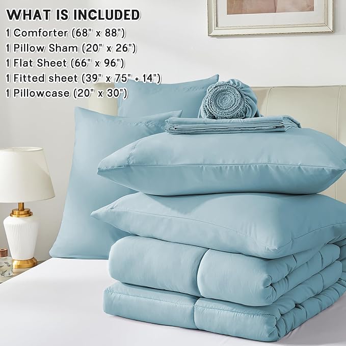 Anluoer Twin Comforter Set 5 Piece, Light Blue Bed in a Bag with Comforters, Pillow Shams, Pillowcases, Flat Sheet, Fitted Sheet