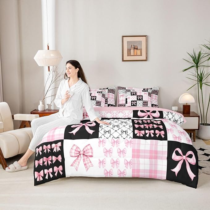 Feelyou Black Pink Bow Comforter Set with Sheets 7 Piece Twin Size Princess Bow Bedding Set for Kids Boys Girls Cute Bowknot Bed in a Bag Kawaii Room Decor Soft Lightweight Microfiber