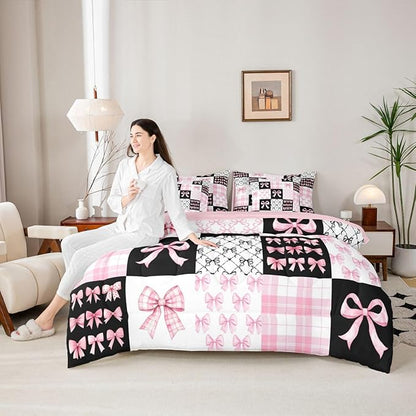 Feelyou Black Pink Bow Comforter Set with Sheets 7 Piece Twin Size Princess Bow Bedding Set for Kids Boys Girls Cute Bowknot Bed in a Bag Kawaii Room Decor Soft Lightweight Microfiber