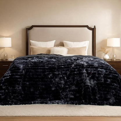 Cozy Bliss Faux Fur Throw Blanket for Couch, Cozy Warm Plush Striped Blanket for Sofa Bedroom Living Room, 90 * 90 Inches Tie-dye Black