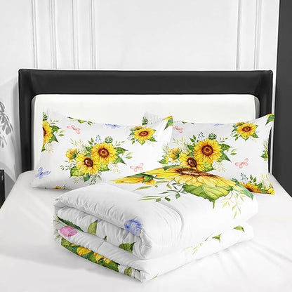 Sunflower Comforter Sets,Floral Botanical 3-Pieces Microfiber Bedding Quilt for Girls Teens,Decorative Bedding Comforter Sets with 2 Pillow Shams, Full Size