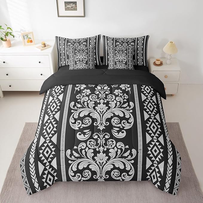 Comforter Set Full Size, Dusty Grey Aztec Damask 7 Pcs Bedding for Kids and Adults, Victorian Decor Western Baroque Goth Bed Sheet Sets with Fitted Sheet 2 Pillowcases & 2 Shams for Bedroom Bed Decor