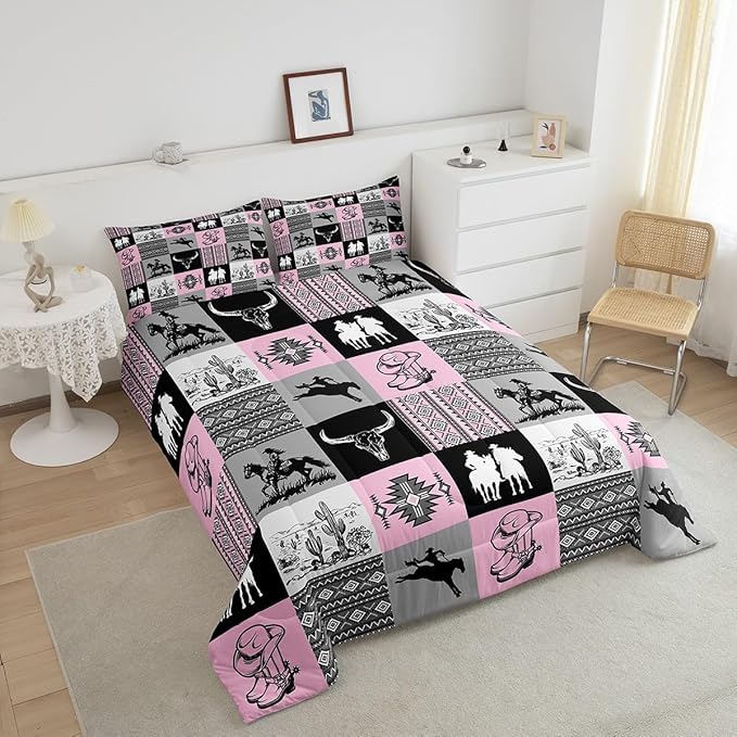 Western Comforter Set Queen Size,Cowgirl Bull Skull Cactus Print Bedding Set,Grey Pink Patchwork Plaid Striped Quilt Set for Kids Girls Women Boys Room Decor,Rustic Country Duvet Insert 3Pcs