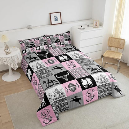 Western Comforter Set Twin Size,Cowgirl Bull Skull Cactus Print Bedding Set,Grey Pink Patchwork Plaid Striped Quilt Set for Kids Girls Women Boys Room Decor,Rustic Country Duvet Insert 2Pcs