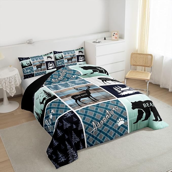 Bear Deer Comforter Set Queen Size, Hunting Wild Animal Bedding Rustic Cabin Lodge Quilt Farmhouse Blue Geometric Plaids Bedding Comforter Sets For Boys Girls Mens Bedroom, Blue Rustic Gifts For Men