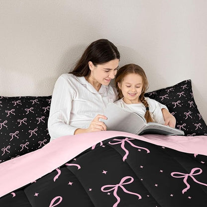 Erosebridal Girls Pink Bow Comforter Set Queen Size Black Pink Coquette Bedding Set for Teen Girls Kids Women Bedroom Cute Girly Bows Comforter Preppy Ribbon Bowknot Quilt Duvet