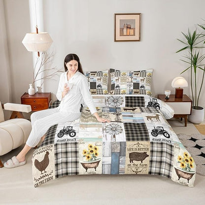 Patchwork Western Rustic Twin Bedding Set Farmhouse Black White Buffalo Plaid Bedding Comforter Sets Retro Country Farm Animal Quilt Set For Kids Boys Girls,Windmill Pig Chicken Cow Comforter 2 Pcs