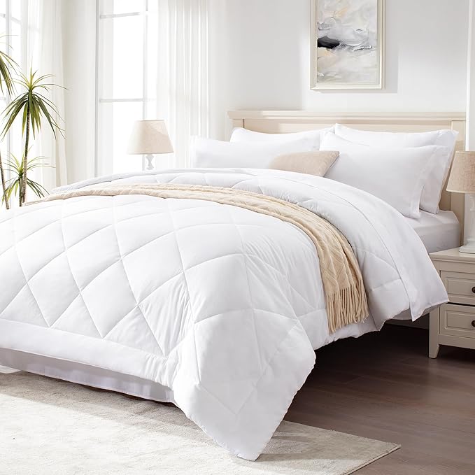 Love's cabin Twin XL Comforter Set White, 5 Pieces Twin XL Bed in a Bag, All Season Bedding Sets with 1 Comforter, 1 Flat Sheet, 1 Fitted Sheet, 1 Pillowcase and 1 Pillow Sham