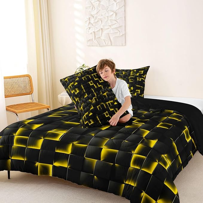 Erosebridal Geometric Checkered Comforter Queen Size Neon Black Gold Comforter Set for Kids Teen Men Gaming Room Decor,Abstract Ombre Plaid Bedding Set Grids Quilt Duvet