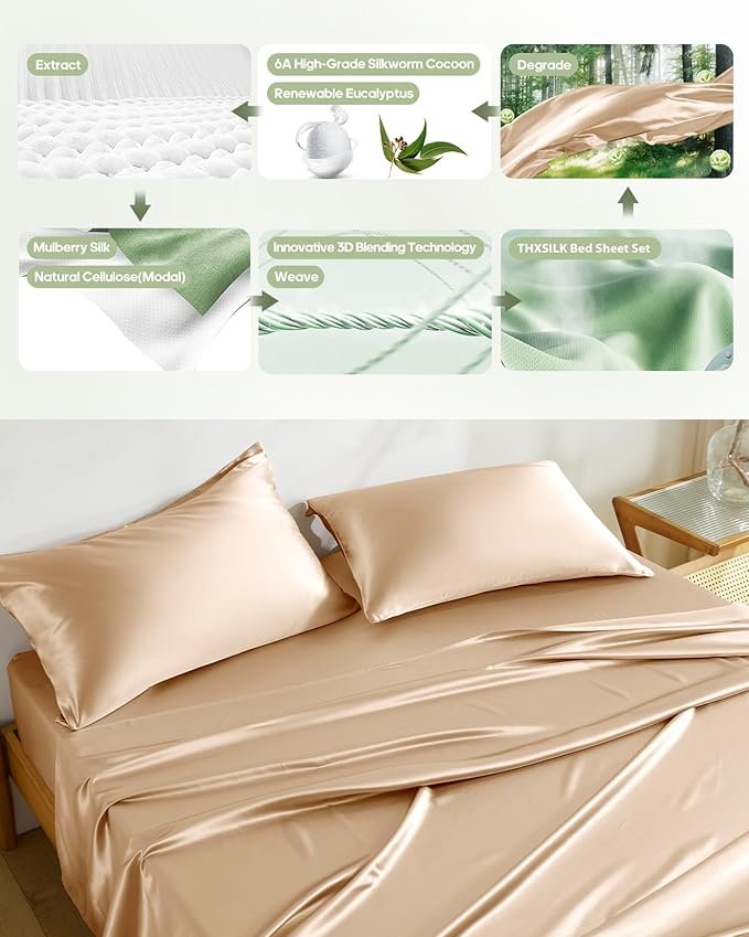 THXSILK Silk Sheet Set 4 Pcs, King Size Sheet Set, Soft Breathable Cooling Bed Sheets with 1 Flat Sheet, 1 Fitted Sheet, 2 Pillowcases with Zipper Closure, Champagne