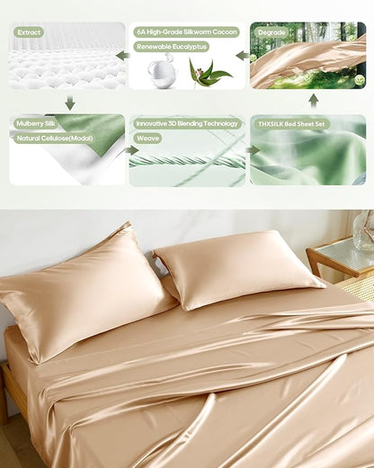 THXSILK Silk Sheet Set 4 Pcs, King Size Sheet Set, Soft Breathable Cooling Bed Sheets with 1 Flat Sheet, 1 Fitted Sheet, 2 Pillowcases with Zipper Closure, Champagne