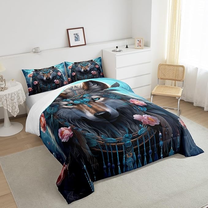 Erosebridal Indian Wolf Queen Comforter Set,Hunting Wolf Bedding Set for Women Men Room Decor,Boho Floral Exotic Ethnic Bed Set Wildlife Safari Bedding Comforter Sets,2 Pillowcases