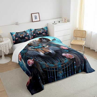 Erosebridal Indian Wolf Full Bedding Set,Hunting Wolf Comforter Set for Kids Adults Bedroom Decor,Boho Floral Exotic Ethnic Quilt Set Wildlife Safari Bedding Comforter Sets,2 Pillowcases