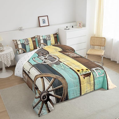 Rustic Farmhouse Cabin Bedding Set Retro Western Barn Wheel Windmill Comforter Set Full,Farm Animal Sunflower Lodge Down Comforter,Pastoral Country Planks Quilt Duvet Insert Yellow Teal Brown 3 Pcs