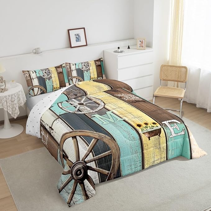Rustic Farmhouse Cabin Bedding Set Retro Western Barn Wheel Windmill Comforter Set King,Farm Animal Sunflower Lodge Down Comforter,Pastoral Country Planks Quilt Duvet Insert Yellow Teal Brown 3 Pcs