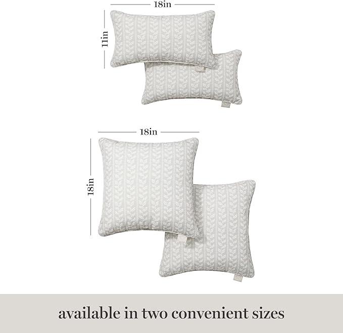 Martha Stewart Vineyard Vines Indoor Outdoor Decorative Lumbar Pillow 2-Pack Set, UV Fade Resistant, Water Repellent, Printed Garden Design, Warm Grey, 11"x18"