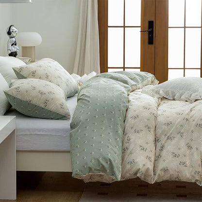 Floral Queen Comforter Set Soft Cute Floral Bedding Comforter Sets Garden Style Green Flower Print Botanical Flowers Queen Comforter Set for All Seasons 1 Comforter and 2 Pillowcases