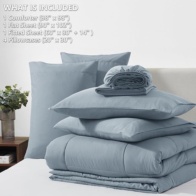 CozyLux Oversized Queen Comforter Sets Dusty Blue, 7 Pieces Bed in a Bag, Ultra-Soft All Season Bedding Sets with Stitch Quilted Comforter, Flat Sheet, Fitted Sheet, Pillowcases, Grayish Blue