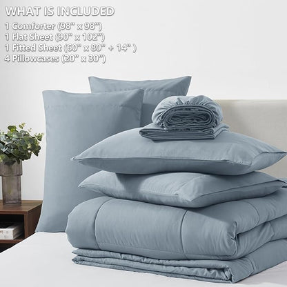 CozyLux Oversized Queen Comforter Sets Dusty Blue, 7 Pieces Bed in a Bag, Ultra-Soft All Season Bedding Sets with Stitch Quilted Comforter, Flat Sheet, Fitted Sheet, Pillowcases, Grayish Blue