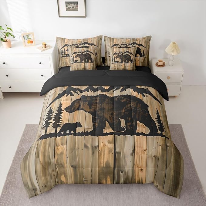 Erosebridal Cabin Bear Bed in A Bag Full | Rustic Jungle Hunting 7 Piece Comforter Set Woodl and Animal Farmhouse Sheet Set Grain Countryside Barn Door Fitted Sheet Breathable Lightweight