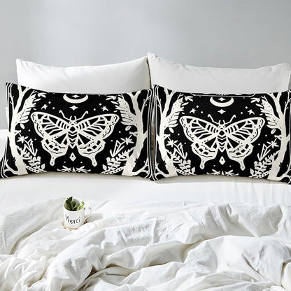 Erosebridal Boys Goth Moth Comforter Set King, Halloween Horror Bedding Set Gothic Butterfly Comforter for Kids Teens Women Men Gothic Home Decor, Sun and Moon Retro Terror Theme Black Quilt