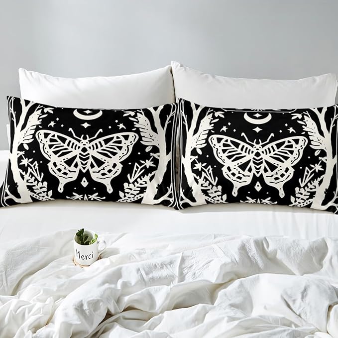 Erosebridal Boys Goth Moth Comforter Set Full, Halloween Horror Bedding Set Gothic Butterfly Comforter for Kids Teens Women Men Gothic Home Decor, Sun and Moon Retro Terror Theme Black Quilt