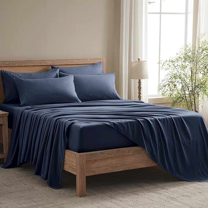 Cal King Size Sheets Set - 6 Piece Luxuriously Soft & Cooling Sheets Cal King Size - Ultra Soft 16" Deep Pocket Cal King Sheet Set - Fitted Sheet & Pillowcase Sets (Cal King Navy Blue)