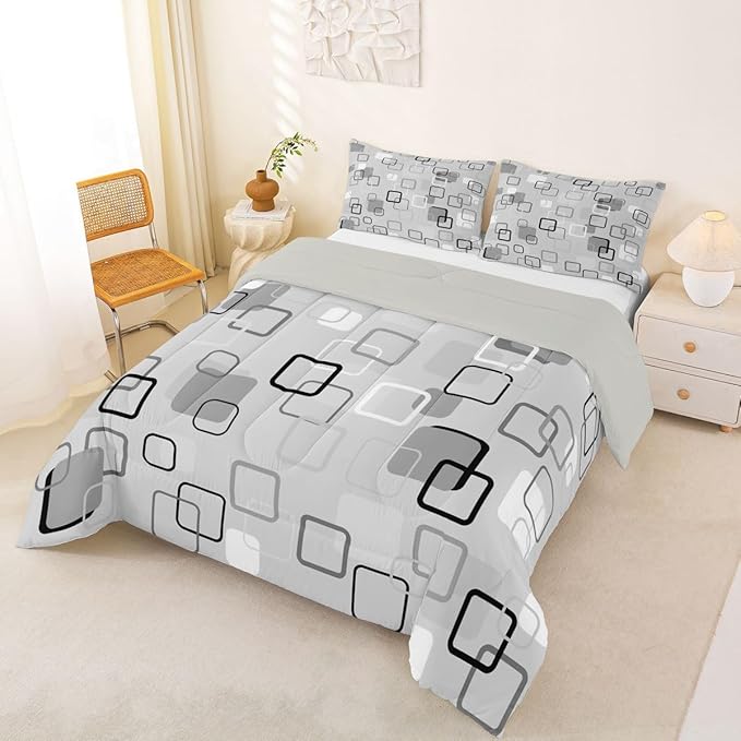 Erosebridal Gray Abstract Squares Bedding Set Queen Modern Aesthetic Geometric Comforter Set for Kids Girls Boys Minimalist Striped Down Comforter Boho Neutral Plaid Quilt Duvet