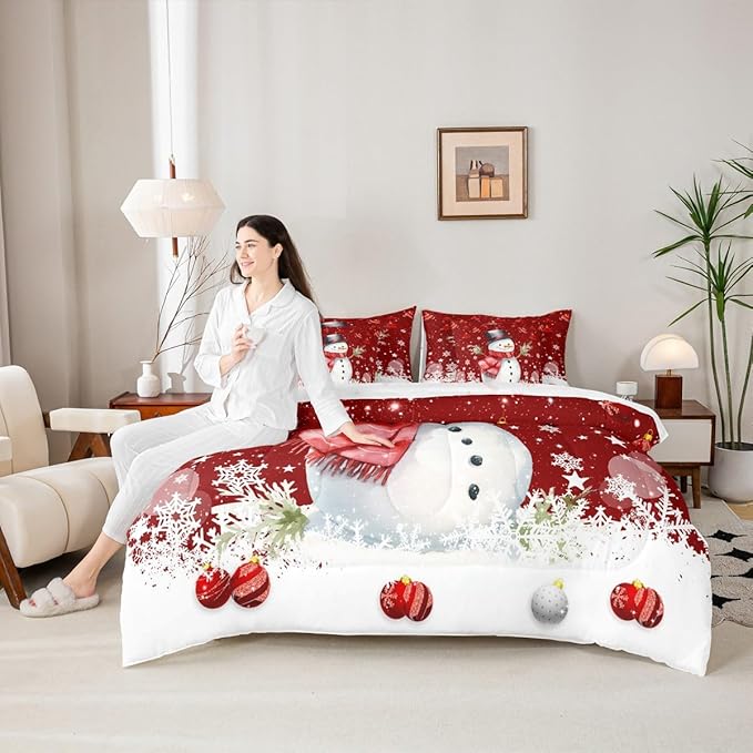 Cute Snowman Comforter Set Queen Size,Merry Christmas Bedding Set 3Pcs Xmas Red Bells and Snowflake Quilt Set for Kids Boys Girls Teens Room Decor Watercolor Cartoon Duvet Insert,2 Pillowcases