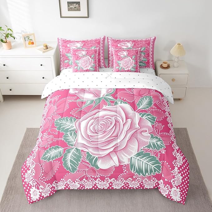 Feelyou Rose Comforter Set King Size 7 Pieces Rose Floral Flower Bedding Set for All Season Romantic Vintage Garden Flower Bed in a Bag with Comforter, Sheets, Pillowcases & Cushion Cover